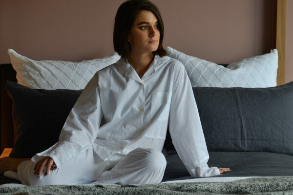 lightweight white cotton pjs with embroidered hem panels