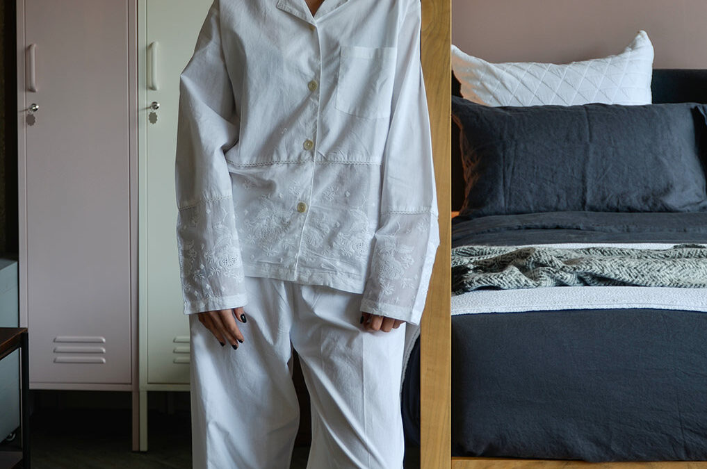 white cotton embroidered pyjamas portrait