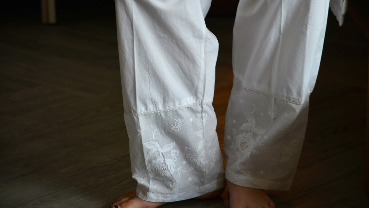 white embroidered PJ bottoms hem