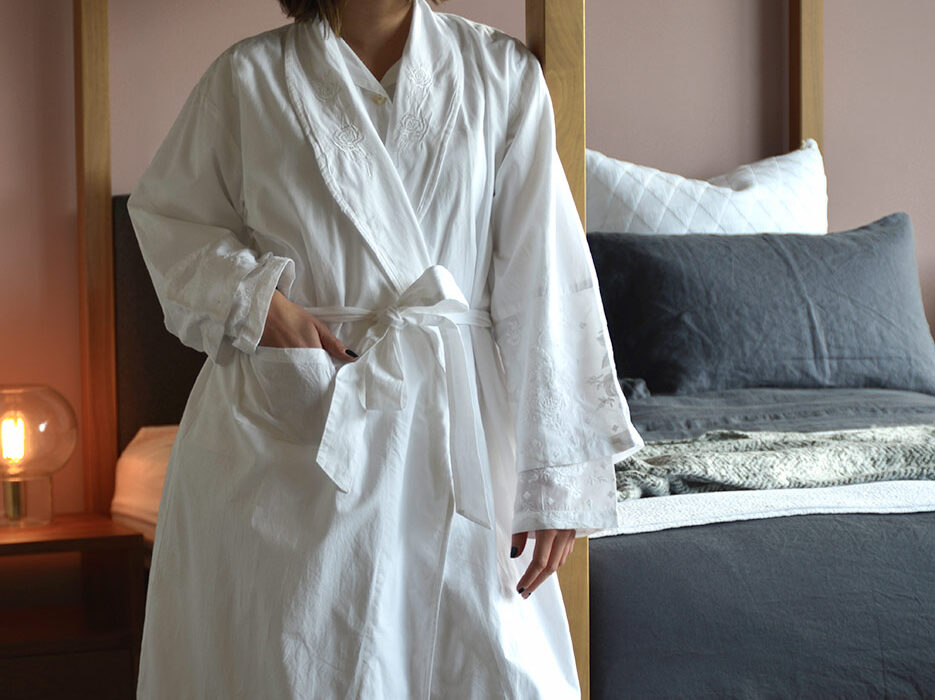 white embroidered robe and pyjamas