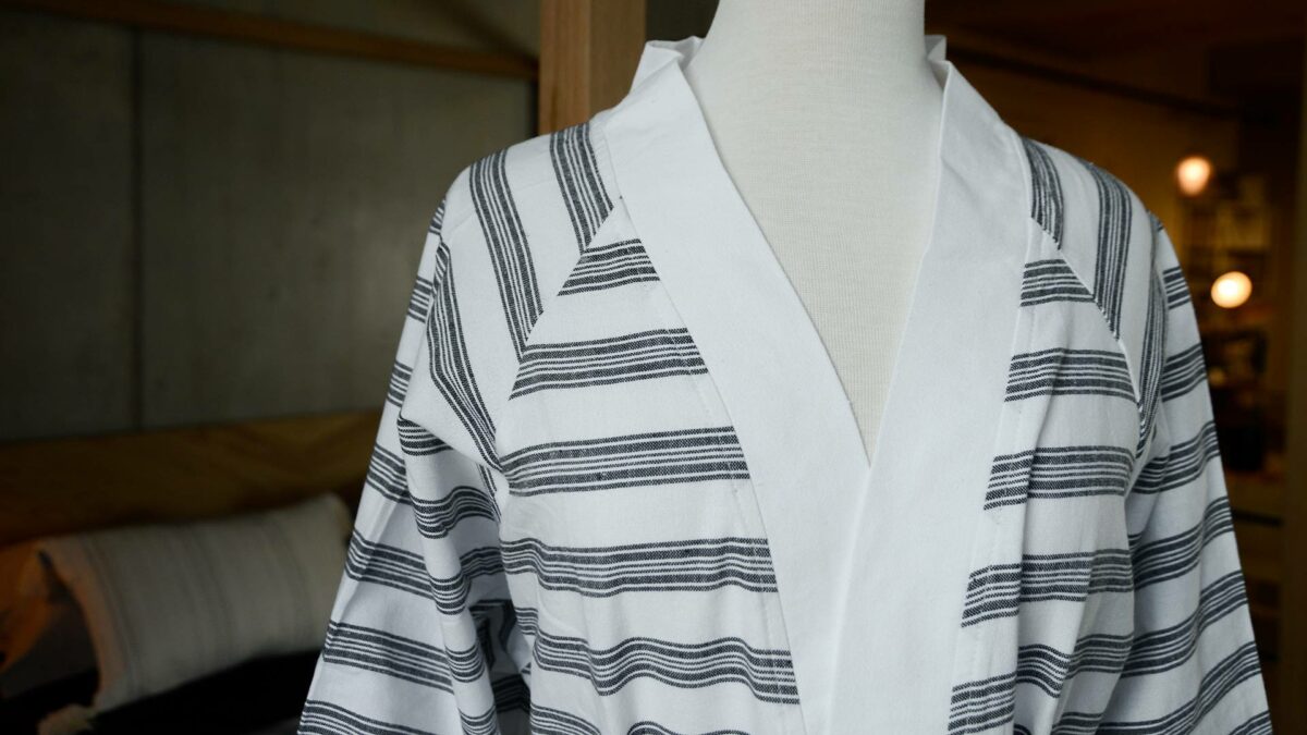 white hammam robe charcoal stripes