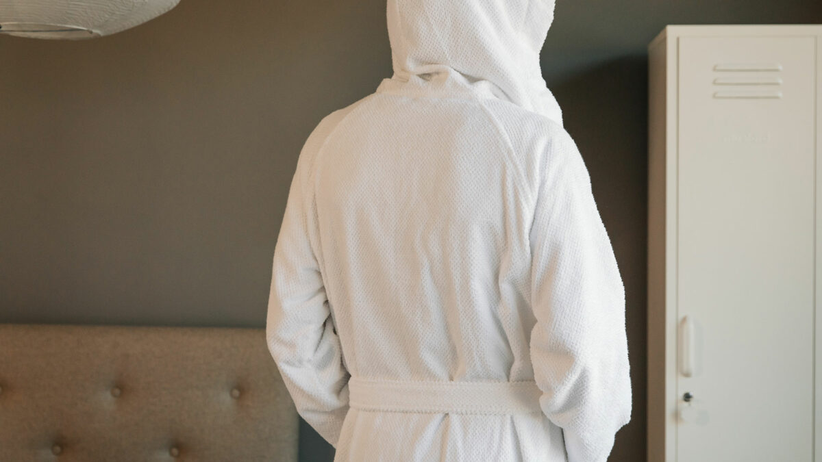 white hooded robe from back