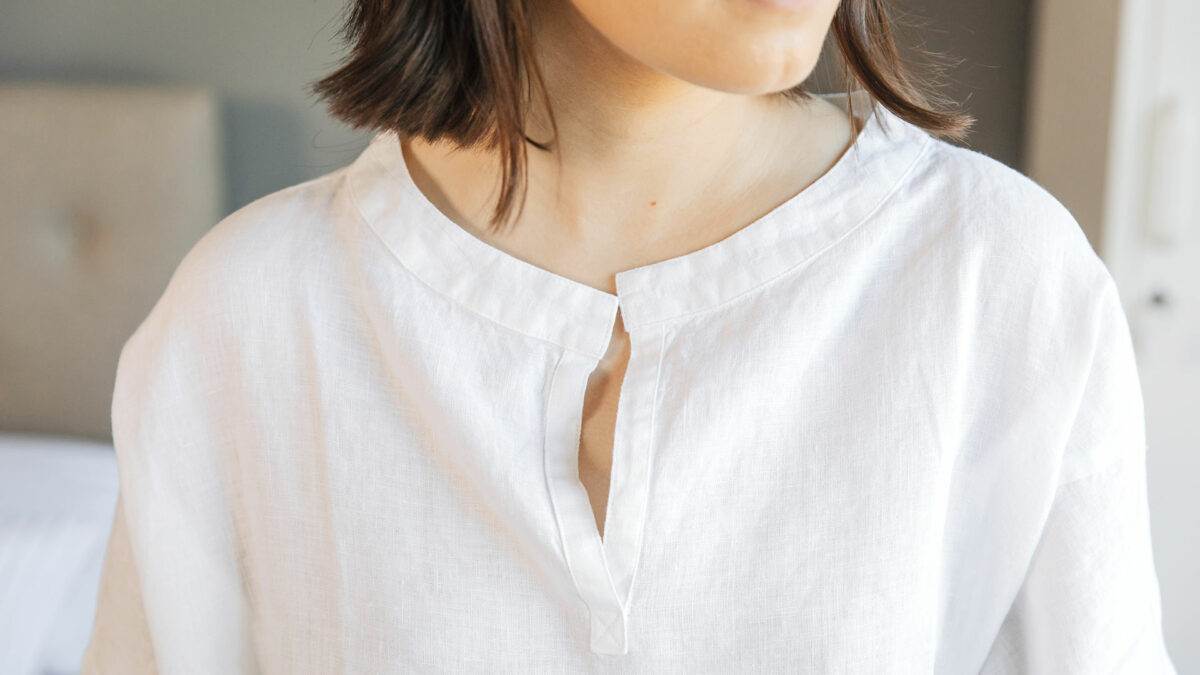 white linen pyjama top neckline