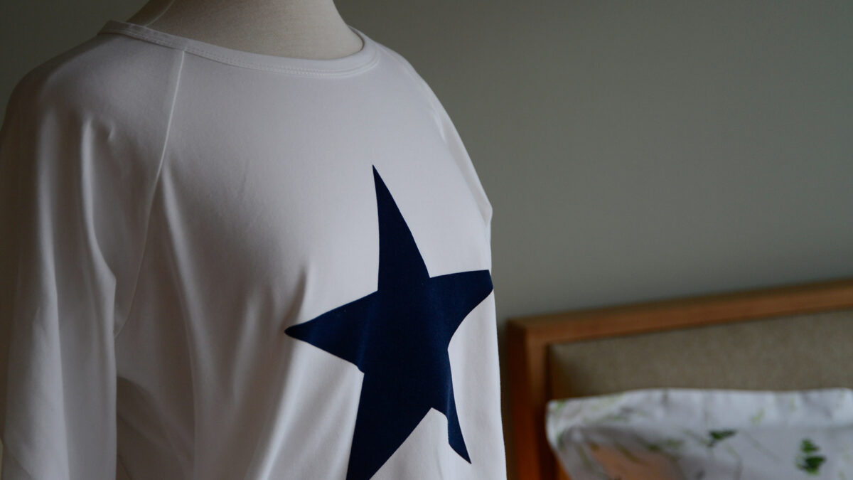 womens white long sleeve T shirt with navy star print