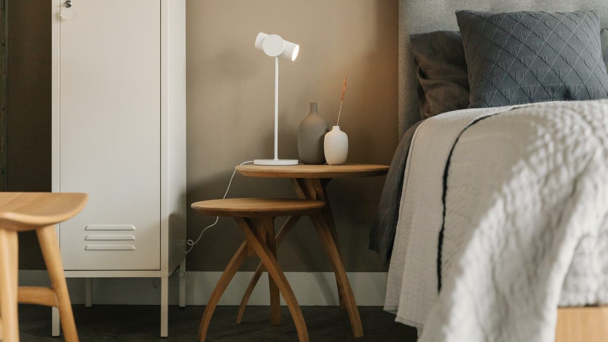 white stage bedside lamp on oak twist tables 1280