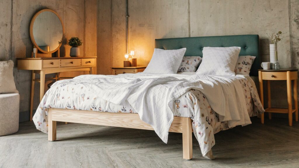 contemporary cottage bedroom style - floral bedding and crafted wooden furniture