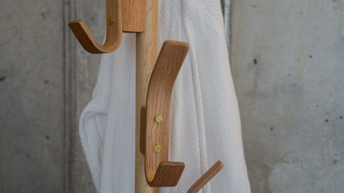 oak coat stand showing hooks