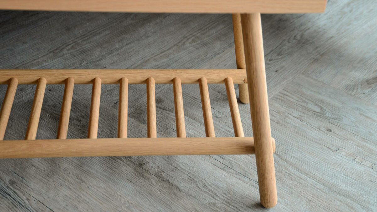 oak bench with spindle storage shelf