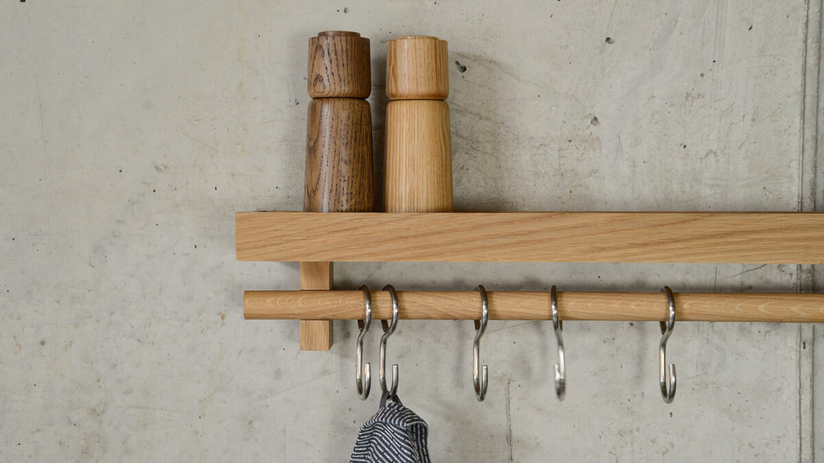 wireworks oak wall mounted utencil shelf with stainless steel hooks
