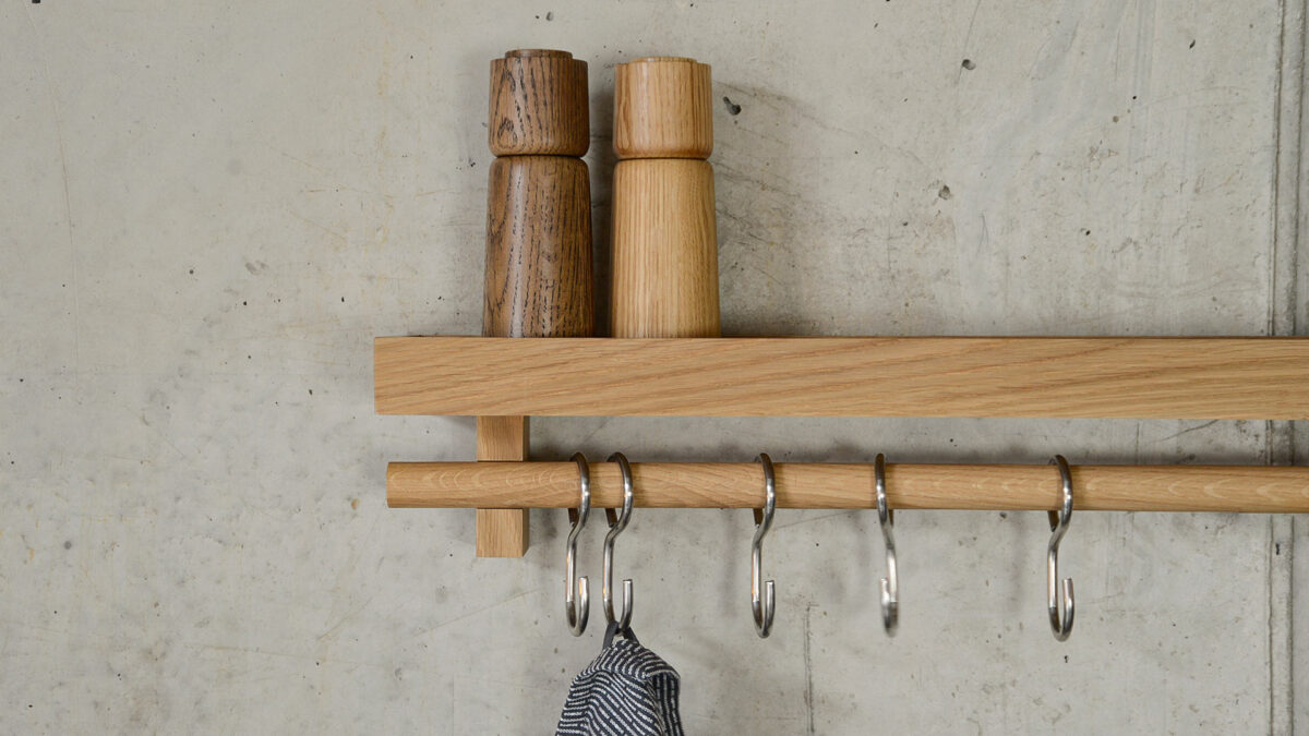 oak wall mounted storage shelf with hooks