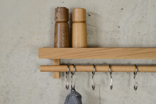 oak wall mounted storage shelf with hooks