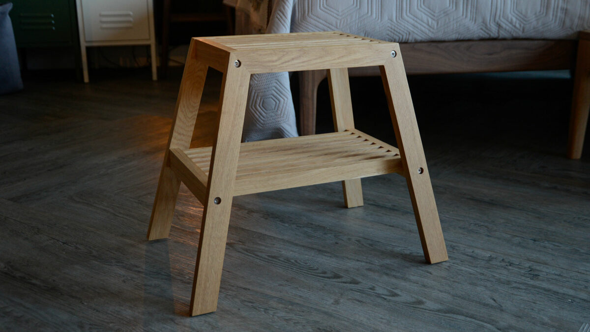 solid oak slatted step stool or side table with shelf