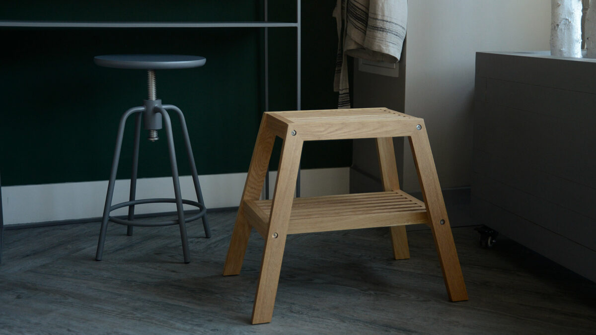 solid oak slatted stool with shelf