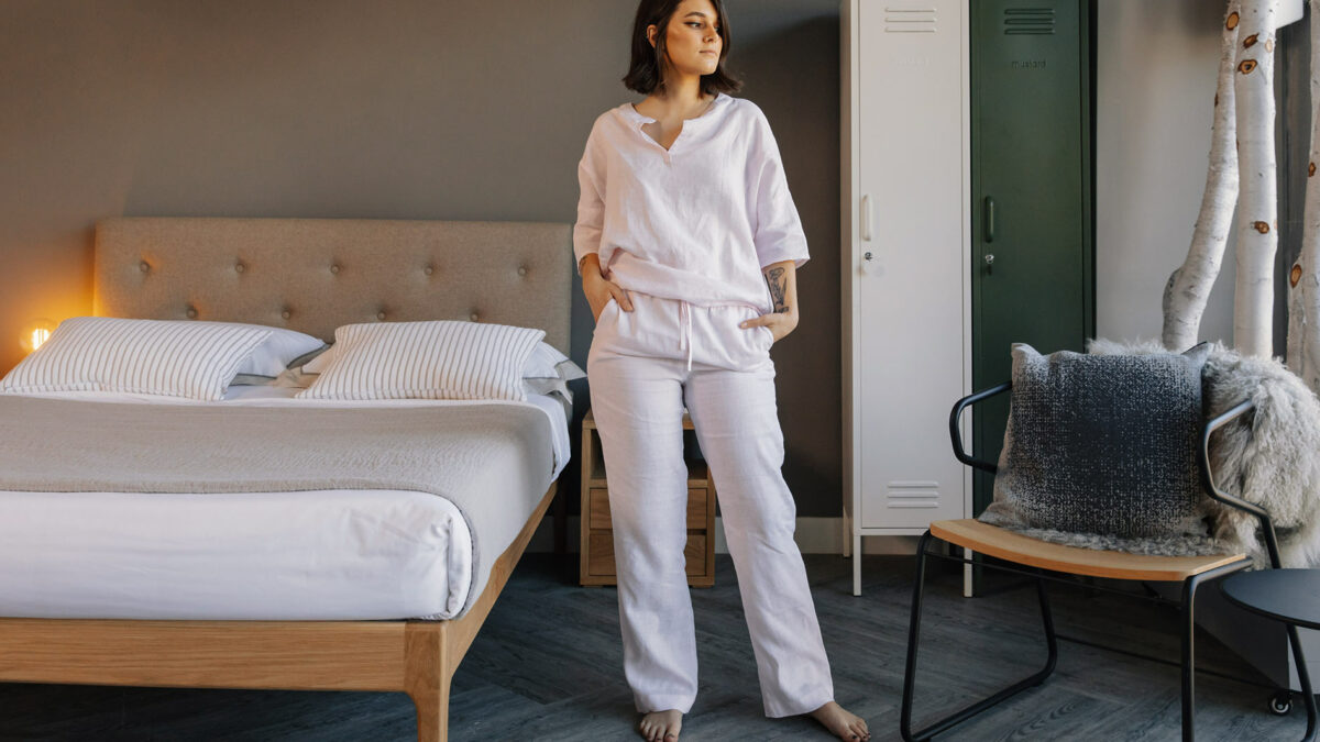 womens pale pink linen pyjamas