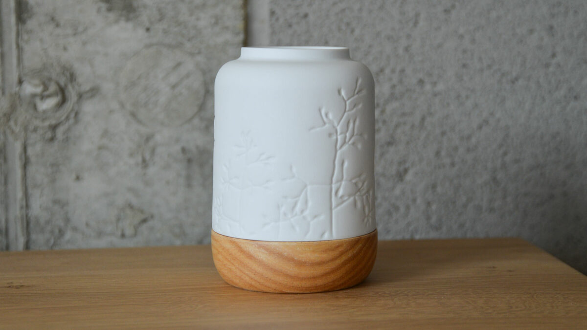 wood and procelain lantern with florla design back