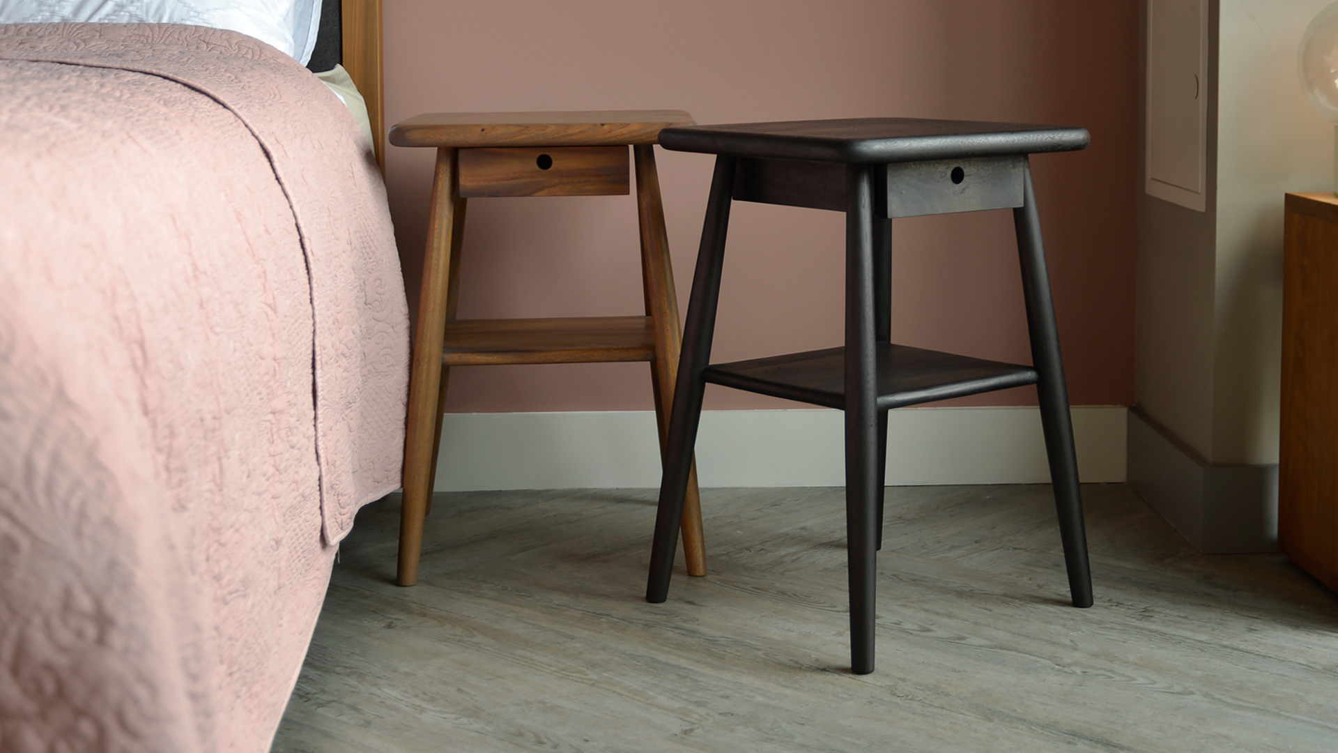 Wooden Bedside Tables with a Shelf and Mini Drawer - mid century look