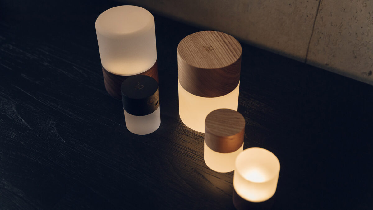 wooden base chargeable LED lights in 2 sizes and a choice of wood