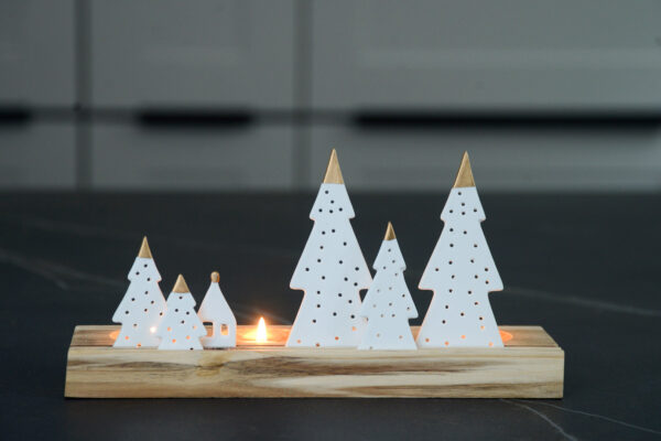 Christmas scene wooden tea lights holder with porcelain trees and a house