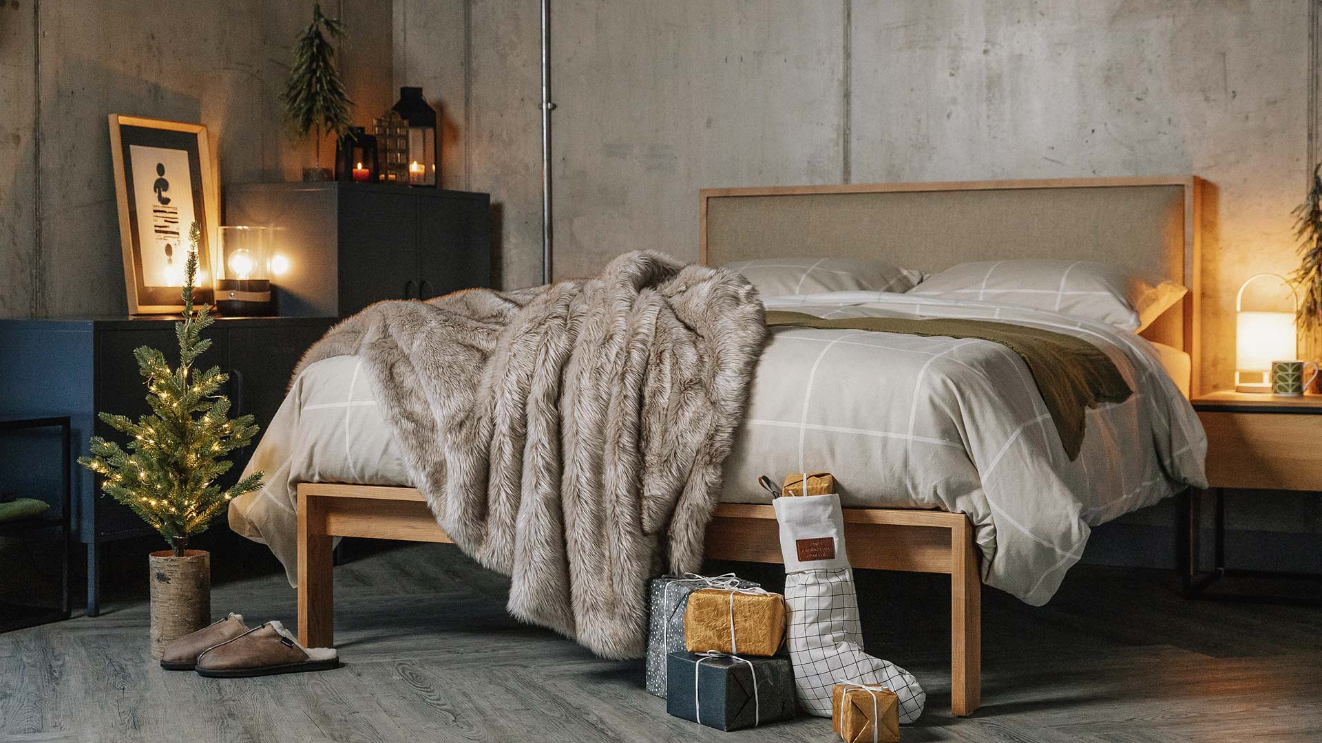 Contemporary Scandi Christmas bedroom, Shetland wooden bed with brushed cotton bedding in beige and ivory