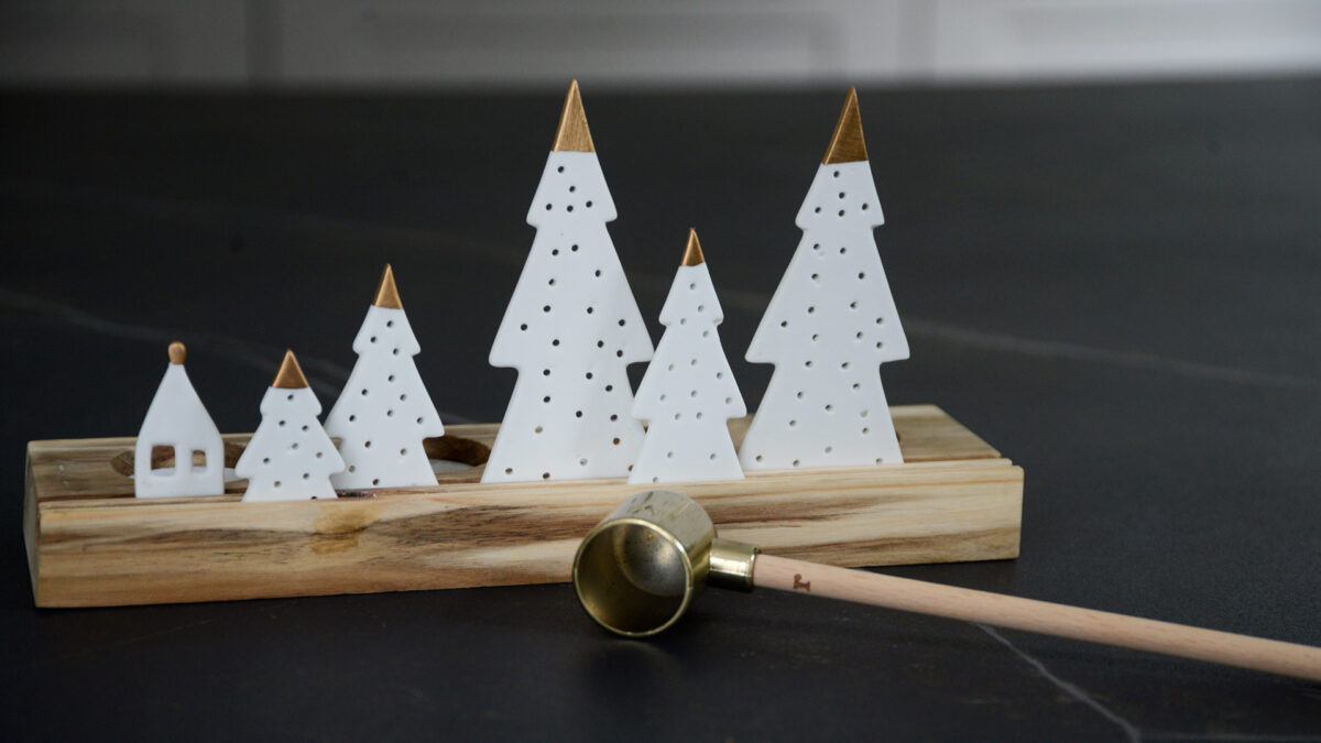 Christmas scene wooden tea lights holder with porcelain trees and a house