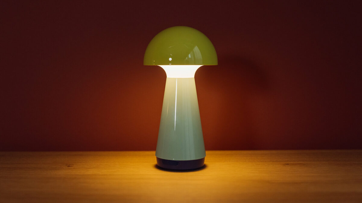 yellow and aqua mushroom lamp lit
