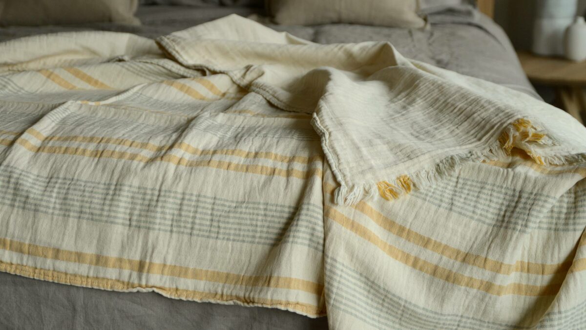 yellow and sage striped cotton throws