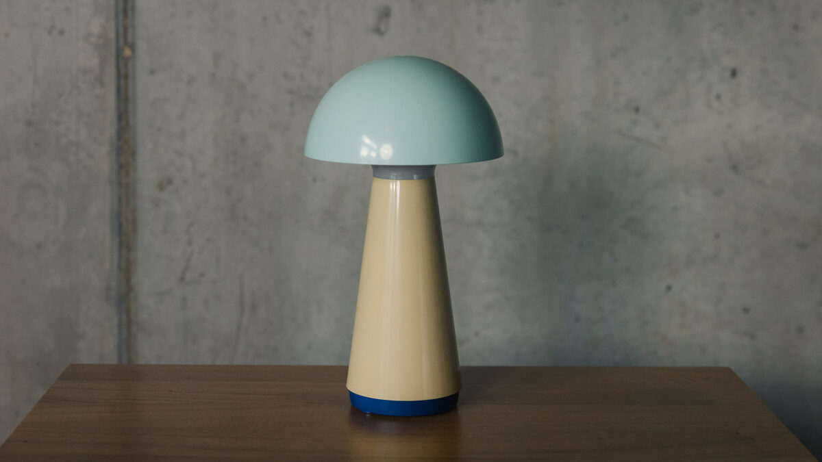 creamy yellow and aqua portable mushroom style lamp