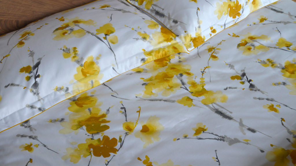 ochre yellow, watercolour floral-print on duvet set