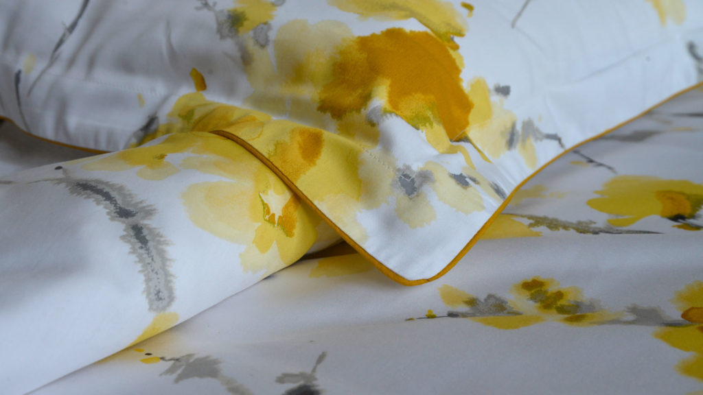 ochre yellow, watercolour floral-print on oxford-pillowcase-detail